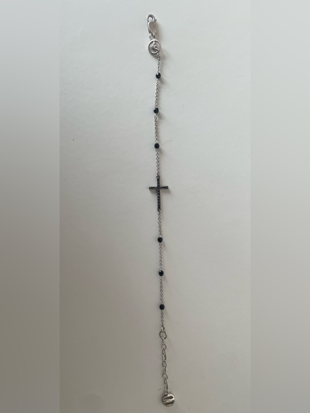 Giorgio Armani Silver Chain Necklace with Black Beads and Cross Pendant